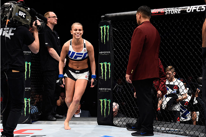 LAS VEGAS, NEVADA - DECEMBER 10: Paige VanZant enters the Octagon before her women's strawweight bout with Rose Namajunas during the UFC Fight Night event at The Chelsea at the Cosmopolitan of Las Vegas on December 10, 2015 in Las Vegas, Nevada. (Photo