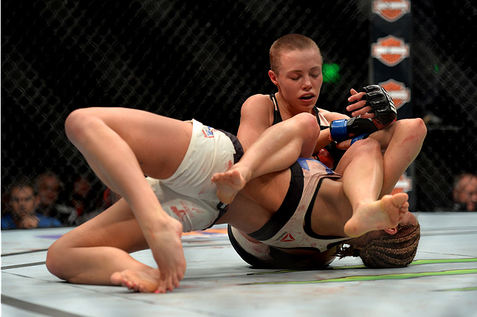 LAS VEGAS, NEVADA - DECEMBER 10: (Top) Rose Namajunas attempts a submission on Paige VanZant in their women's strawweight bout during the UFC Fight Night event at The Chelsea at the Cosmopolitan of Las Vegas on December 10, 2015 in Las Vegas, Nevada. (P