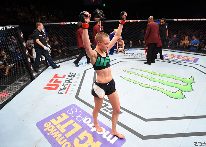 LAS VEGAS, NEVADA - DECEMBER 10: Rose Namajunas celebrates her submission victory over Paige VanZant in their women's strawweight bout during the UFC Fight Night event at The Chelsea at the Cosmopolitan of Las Vegas on December 10, 2015 in Las Vegas, Nev