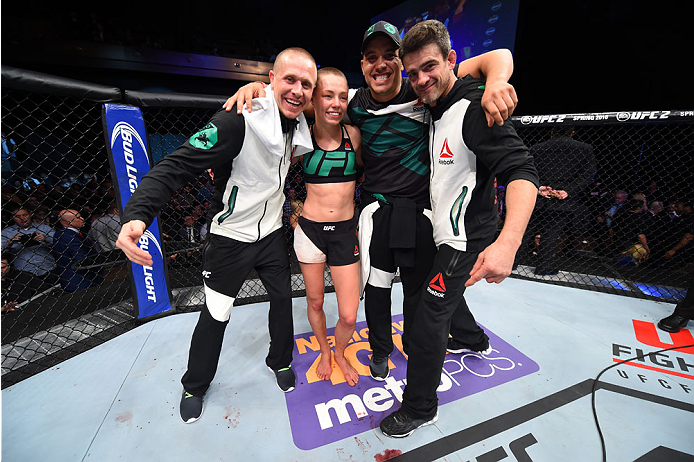 LAS VEGAS, NEVADA - DECEMBER 10: Rose Namajunas celebrates her submission victory over Paige VanZant in their women's strawweight bout during the UFC Fight Night event at The Chelsea at the Cosmopolitan of Las Vegas on December 10, 2015 in Las Vegas, Nev