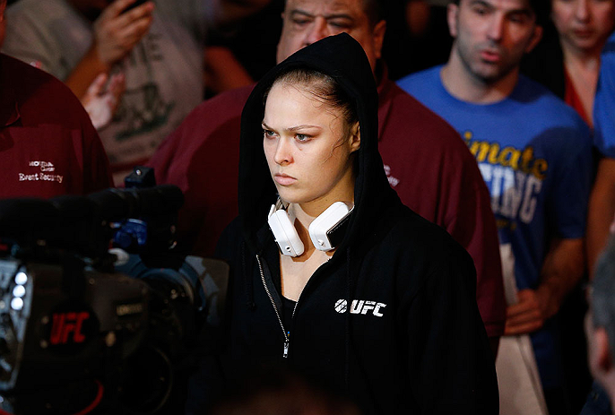 ANAHEIM, CA - FEBRUARY 23: Ronda Rousey walks to the Octagon to face Liz Carmouche in their women's bantamweight title fight during UFC 157 at Honda Center on February 23, 2013 in Anaheim, California. (Photo by Josh Hedges/Zuffa LLC/Zuffa LLC via Getty
