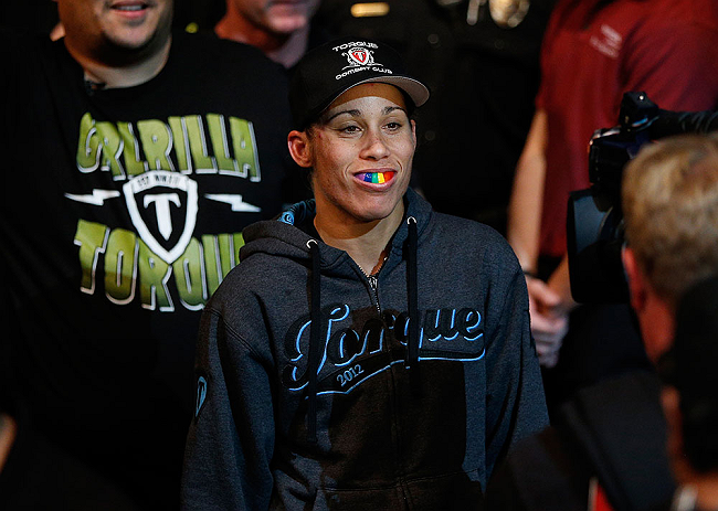 ANAHEIM, CA - FEBRUARY 23: Liz Carmouche walks to the Octagon to face Ronda Rousey in their women's bantamweight title fight during UFC 157 at Honda Center on February 23, 2013 in Anaheim, California. (Photo by Josh Hedges/Zuffa LLC/Zuffa LLC via Getty