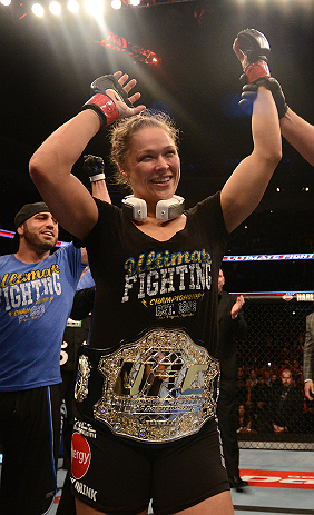 ANAHEIM, CA - FEBRUARY 23: Ronda Rousey reacts to her victory over Liz Carmouche in their women's bantamweight title fight during UFC 157 at Honda Center on February 23, 2013 in Anaheim, California. (Photo by Donald Miralle/Zuffa LLC/Zuffa LLC via Getty