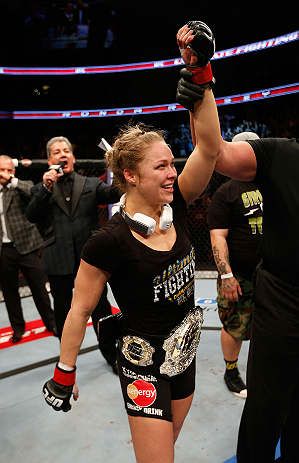 ANAHEIM, CA - FEBRUARY 23: Ronda Rousey reacts to her victory over Liz Carmouche in their women's bantamweight title fight during UFC 157 at Honda Center on February 23, 2013 in Anaheim, California. (Photo by Josh Hedges/Zuffa LLC/Zuffa LLC via Getty Im