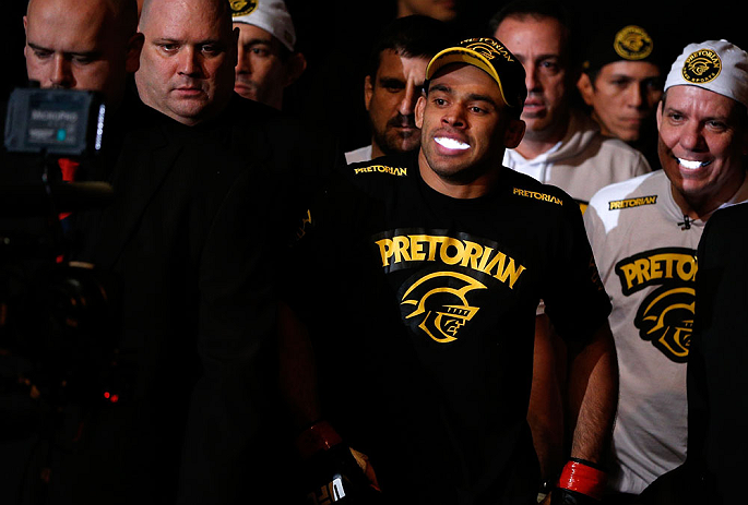 LONDON, ENGLAND - FEBRUARY 16: Renan Barao enters the arena before his interim bantamweight title fight against Michael McDonald during the UFC on Fuel TV event on February 16, 2013 at Wembley Arena in London, England. (Photo by Josh Hedges/Zuffa LLC/Zu