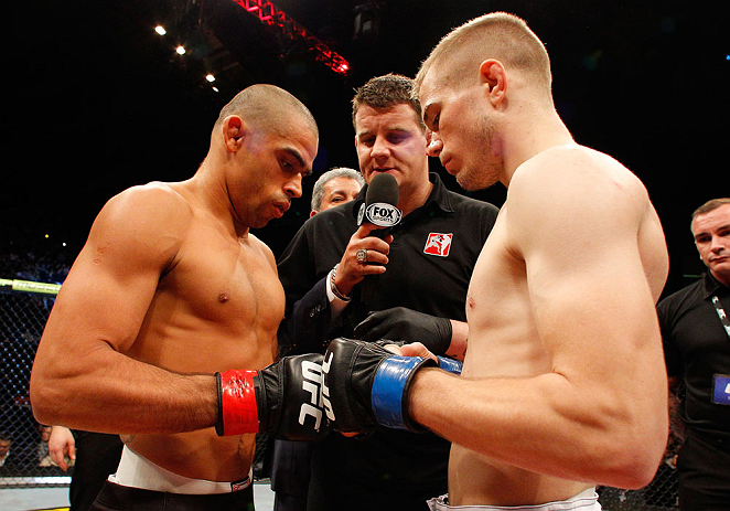 LONDON, ENGLAND - FEBRUARY 16: (L-R) Opponents Renan Barao and Michael McDonald face off before their interim bantamweight title fight during the UFC on Fuel TV event on February 16, 2013 at Wembley Arena in London, England. (Photo by Josh Hedges/Zuffa