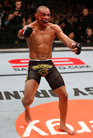 LONDON, ENGLAND - FEBRUARY 16: Renan Barao reacts after defeating Michael McDonald in their interim bantamweight title fight during the UFC on Fuel TV event on February 16, 2013 at Wembley Arena in London, England. (Photo by Josh Hedges/Zuffa LLC/Zuffa
