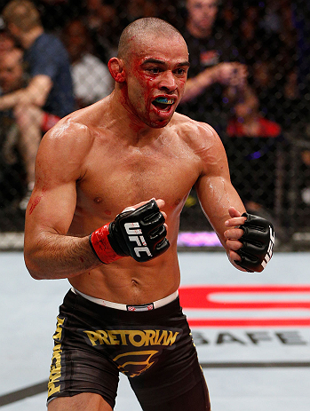 LONDON, ENGLAND - FEBRUARY 16: Renan Barao reacts after defeating Michael McDonald in their interim bantamweight title fight during the UFC on Fuel TV event on February 16, 2013 at Wembley Arena in London, England. (Photo by Josh Hedges/Zuffa LLC/Zuffa