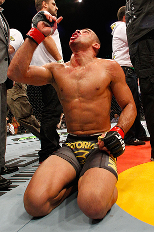 LONDON, ENGLAND - FEBRUARY 16: Renan Barao reacts after defeating Michael McDonald in their interim bantamweight title fight during the UFC on Fuel TV event on February 16, 2013 at Wembley Arena in London, England. (Photo by Josh Hedges/Zuffa LLC/Zuffa