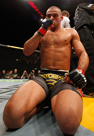 LONDON, ENGLAND - FEBRUARY 16: Renan Barao reacts after defeating Michael McDonald in their interim bantamweight title fight during the UFC on Fuel TV event on February 16, 2013 at Wembley Arena in London, England. (Photo by Josh Hedges/Zuffa LLC/Zuffa