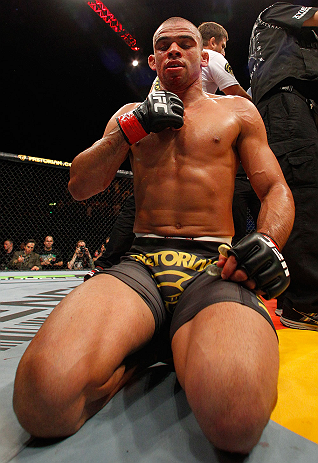 LONDON, ENGLAND - FEBRUARY 16: Renan Barao reacts after defeating Michael McDonald in their interim bantamweight title fight during the UFC on Fuel TV event on February 16, 2013 at Wembley Arena in London, England. (Photo by Josh Hedges/Zuffa LLC/Zuffa