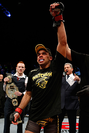 LONDON, ENGLAND - FEBRUARY 16: Renan Barao reacts after defeating Michael McDonald in their interim bantamweight title fight during the UFC on Fuel TV event on February 16, 2013 at Wembley Arena in London, England. (Photo by Josh Hedges/Zuffa LLC/Zuffa