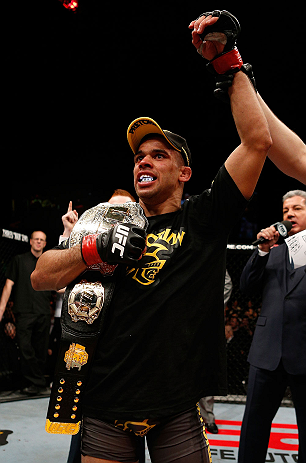 LONDON, ENGLAND - FEBRUARY 16: Renan Barao reacts after defeating Michael McDonald in their interim bantamweight title fight during the UFC on Fuel TV event on February 16, 2013 at Wembley Arena in London, England. (Photo by Josh Hedges/Zuffa LLC/Zuffa