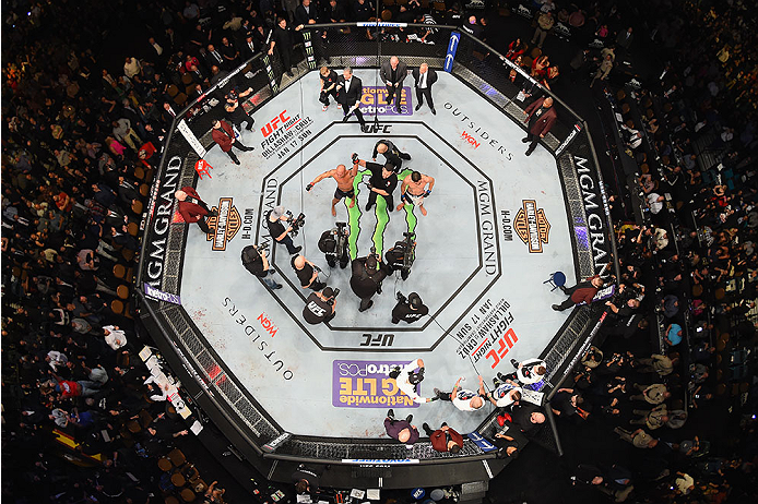 LAS VEGAS, NV - JANUARY 02: An overhead view of the Octagon as Robbie Lawler reacts to his victory over Carlos Condit during the UFC 195 event inside MGM Grand Garden Arena on January 2, 2016 in Las Vegas, Nevada. (Photo by Josh Hedges/Zuffa LLC/Zuffa LL