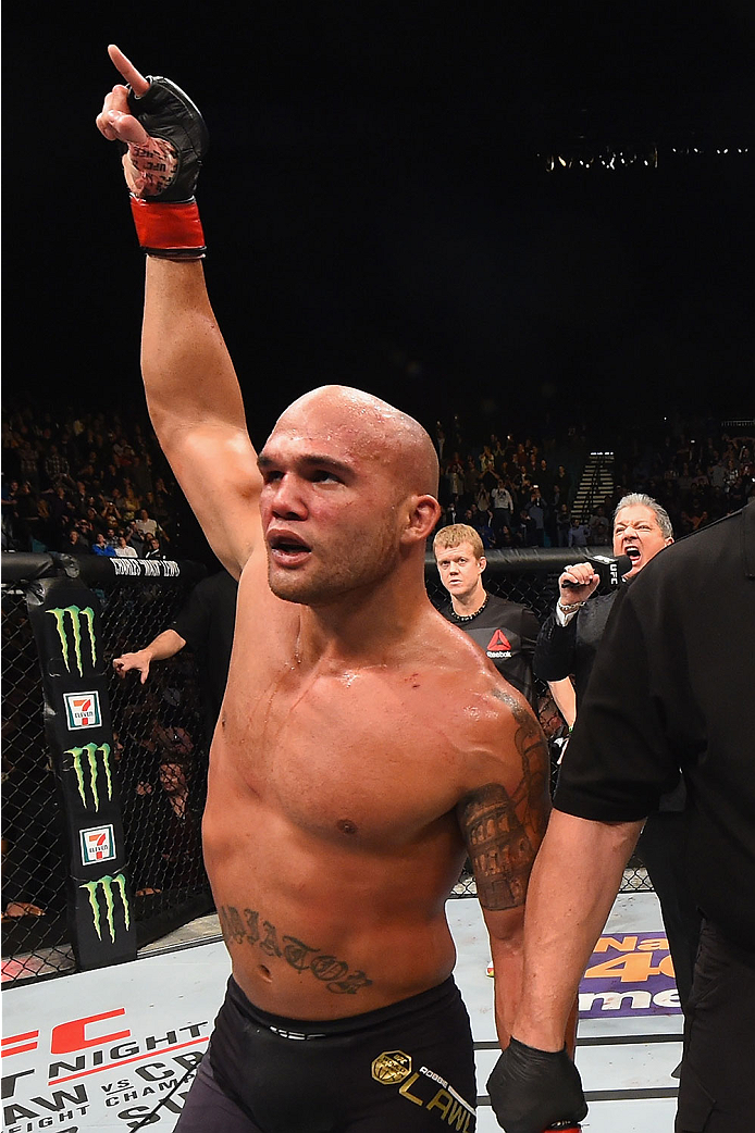 LAS VEGAS, NV - JANUARY 02: Robbie Lawler awaits the official decision in his UFC welterweight championship bout during the UFC 195 event inside MGM Grand Garden Arena on January 2, 2016 in Las Vegas, Nevada. (Photo by Josh Hedges/Zuffa LLC/Zuffa LLC via