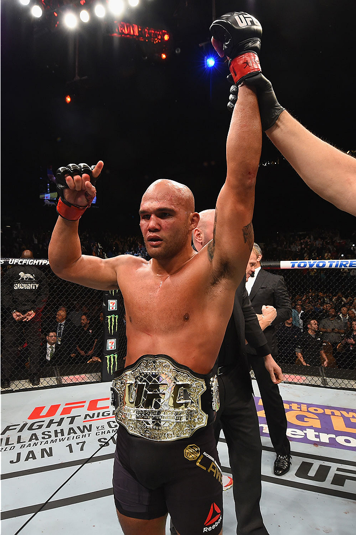 LAS VEGAS, NV - JANUARY 02: Robbie Lawler reacts to his victory over Carlos Condit in their UFC welterweight championship bout during the UFC 195 event inside MGM Grand Garden Arena on January 2, 2016 in Las Vegas, Nevada. (Photo by Josh Hedges/Zuffa LL