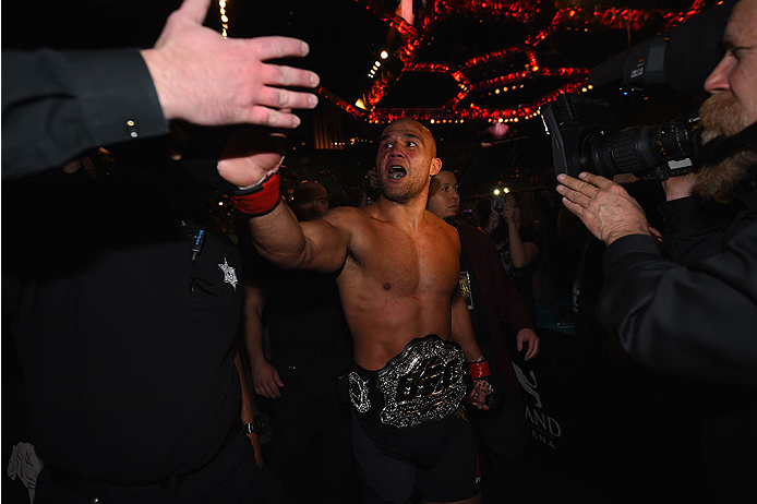 LAS VEGAS, NV - JANUARY 02: Robbie Lawler exits the Octagon after defeating Carlos Condit in their UFC welterweight championship bout during the UFC 195 event inside MGM Grand Garden Arena on January 2, 2016 in Las Vegas, Nevada. (Photo by Jeff Bottari/