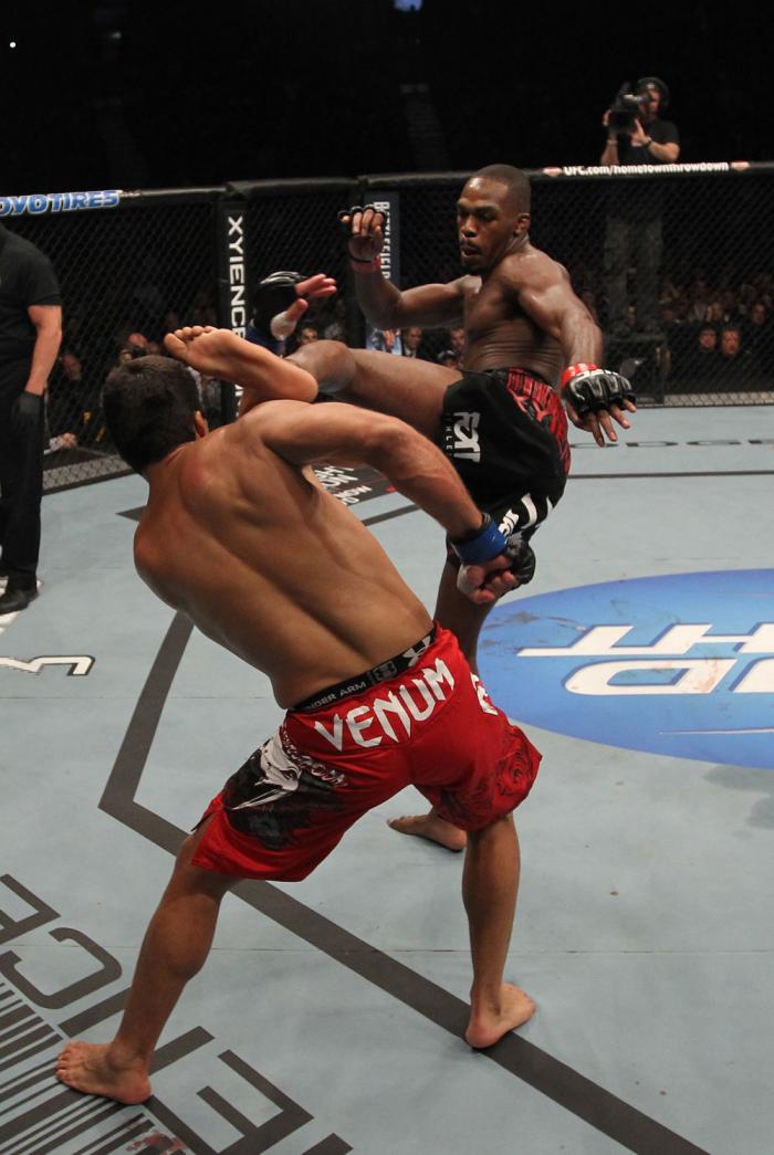 TORONTO, ON - DECEMBER 10: (R-L) Jon "Bones" Jones kicks Lyoto Machida during the UFC 140 event at Air Canada Centre on December 10, 2011 in Toronto, Ontario, Canada. (Photo by Nick Laham/Zuffa LLC/Zuffa LLC via Getty Images)