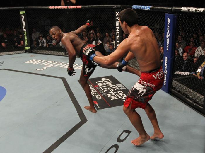 TORONTO, ON - DECEMBER 10: (L-R) Jon "Bones" Jones kicks Lyoto Machida during the UFC 140 event at Air Canada Centre on December 10, 2011 in Toronto, Ontario, Canada. (Photo by Nick Laham/Zuffa LLC/Zuffa LLC via Getty Images)