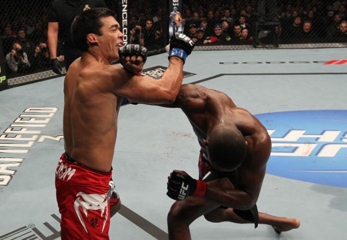 TORONTO, ON - DECEMBER 10: (R-L) Jon "Bones" Jones punches Lyoto Machida during the UFC 140 event at Air Canada Centre on December 10, 2011 in Toronto, Ontario, Canada. (Photo by Nick Laham/Zuffa LLC/Zuffa LLC via Getty Images)