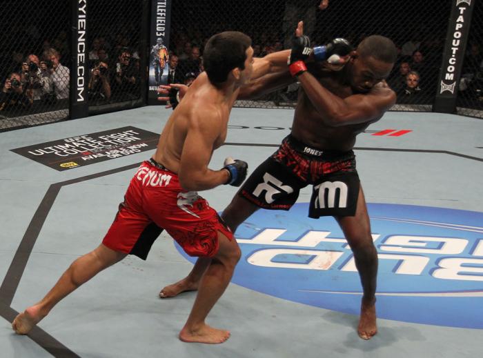 TORONTO, ON - DECEMBER 10: (L-R) Lyoto Machida punches Jon "Bones" Jones during the UFC 140 event at Air Canada Centre on December 10, 2011 in Toronto, Ontario, Canada. (Photo by Nick Laham/Zuffa LLC/Zuffa LLC via Getty Images)