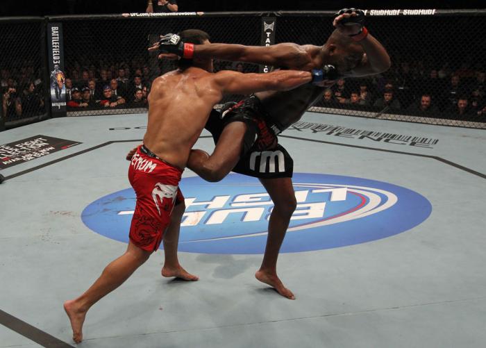 TORONTO, ON - DECEMBER 10: (L-R) Lyoto Machida punches Jon "Bones" Jones during the UFC 140 event at Air Canada Centre on December 10, 2011 in Toronto, Ontario, Canada. (Photo by Nick Laham/Zuffa LLC/Zuffa LLC via Getty Images)