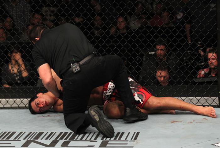 TORONTO, ON - DECEMBER 10: Lyoto Machida lies on the canvas unconscious after being defeated by Jon "Bones" Jones during the UFC 140 event at Air Canada Centre on December 10, 2011 in Toronto, Ontario, Canada. (Photo by Nick Laham/Zuffa LLC/Zuffa LLC vi