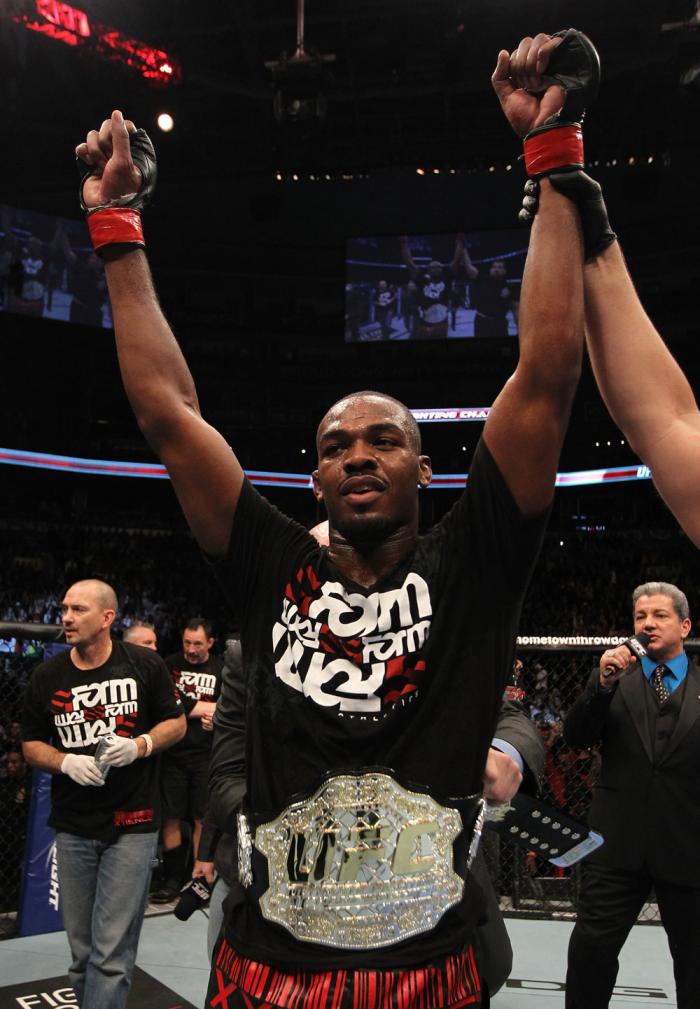 TORONTO, ON - DECEMBER 10: UFC Light Heavyweight Champion Jon "Bones" Jones reacts after defeating Lyoto Machida during the UFC 140 event at Air Canada Centre on December 10, 2011 in Toronto, Ontario, Canada. (Photo by Nick Laham/Zuffa LLC/Zuffa LLC via