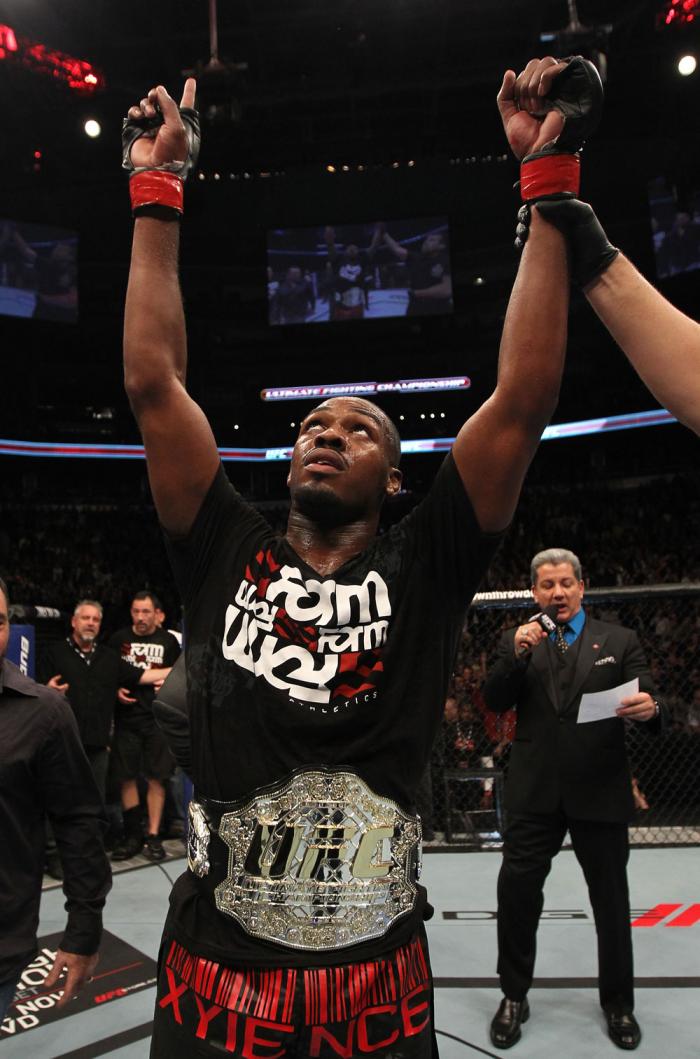 TORONTO, ON - DECEMBER 10: UFC Light Heavyweight Champion Jon "Bones" Jones reacts after defeating Lyoto Machida during the UFC 140 event at Air Canada Centre on December 10, 2011 in Toronto, Ontario, Canada. (Photo by Nick Laham/Zuffa LLC/Zuffa LLC via