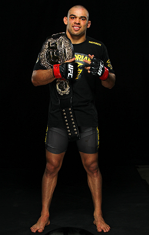LONDON, ENGLAND - FEBRUARY 16: UFC interim bantamweight champion Renan Barao poses for a portrait after his victory over Michael McDonald during the UFC on Fuel TV event on February 16, 2013 at Wembley Arena in London, England. (Photo by Mike Roach/Zuff