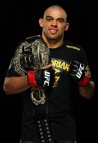 LONDON, ENGLAND - FEBRUARY 16: UFC interim bantamweight champion Renan Barao poses for a portrait after his victory over Michael McDonald during the UFC on Fuel TV event on February 16, 2013 at Wembley Arena in London, England. (Photo by Mike Roach/Zuff