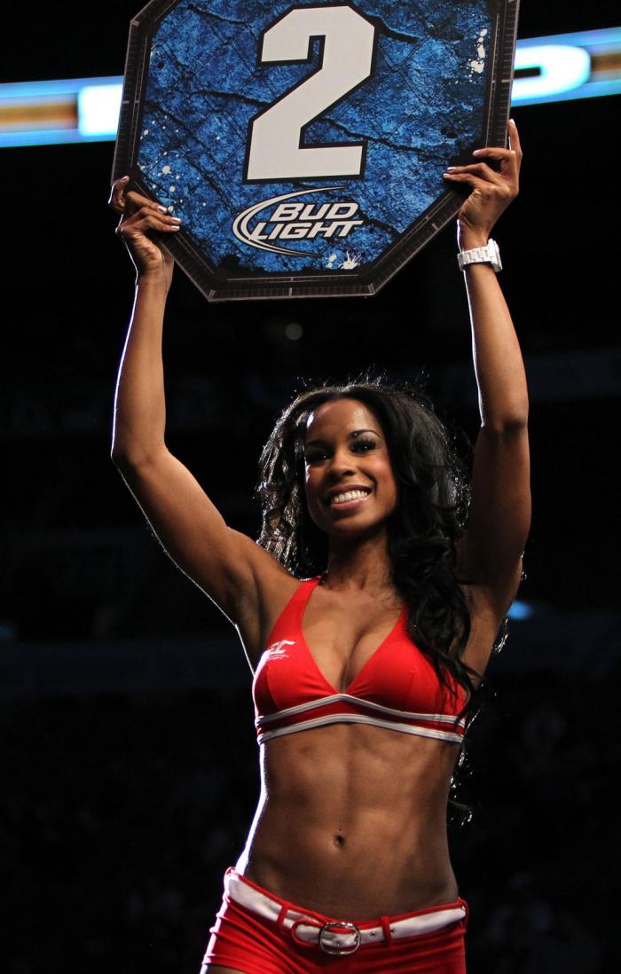 TORONTO, ON - DECEMBER 10: UFC Octagon Girl Chandella Powell introduces round two during the Cholish v Clarke bout during the UFC 140 event at Air Canada Centre on December 10, 2011 in Toronto, Ontario, Canada. (Photo by Josh Hedges/Zuffa LLC/Zuffa LLC