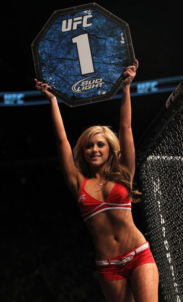 TORONTO, ON - DECEMBER 10: UFC Octagon Girl Brittney Palmer introduces round one before the Hallman v Makdessi bout during the UFC 140 event at Air Canada Centre on December 10, 2011 in Toronto, Ontario, Canada. (Photo by Nick Laham/Zuffa LLC/Zuffa LLC