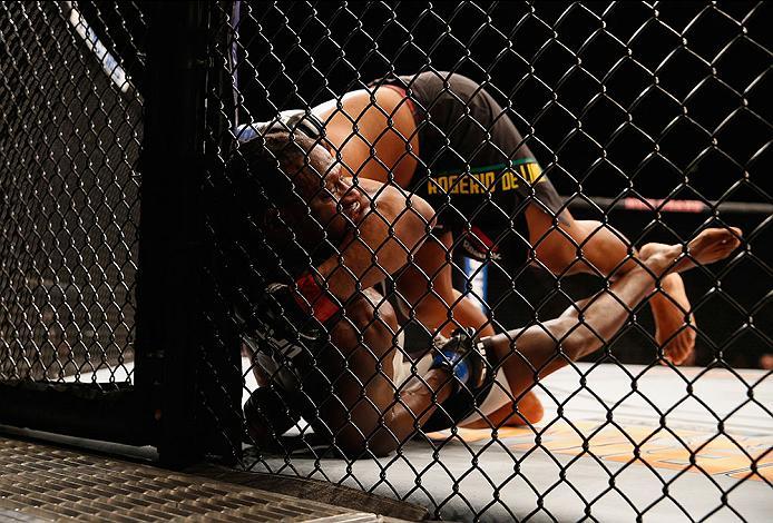 LAS VEGAS, NV - APRIL 23: Marcos Rogerio de Lima (Top) attempts to submit Clint Hester in their light heavyweight bout during the UFC 197 event inside MGM Grand Garden Arena on April 23, 2016 in Las Vegas, Nevada. (Photo by Christian Petersen/Zuffa LLC/