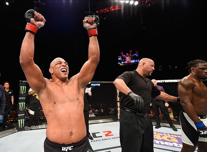 LAS VEGAS, NV - APRIL 23: Marcos Rogerio de Lima of Brazil celebrates after his win over Clint Hester after their light heavyweight bout during the UFC 197 event inside MGM Grand Garden Arena on April 23, 2016 in Las Vegas, Nevada. (Photo by Josh Hedges