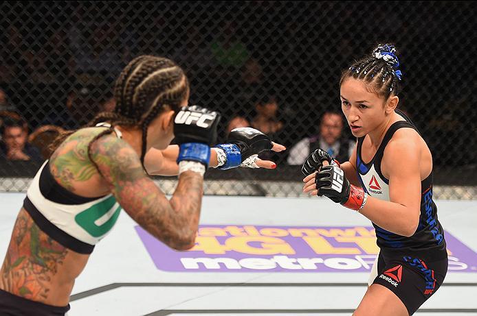 LAS VEGAS, NV - APRIL 23: (R-L) Carla Esparza squares off against Juliana Lima in their women's strawweight bout during the UFC 197 event inside MGM Grand Garden Arena on April 23, 2016 in Las Vegas, Nevada. (Photo by Josh Hedges/Zuffa LLC/Zuffa LLC via