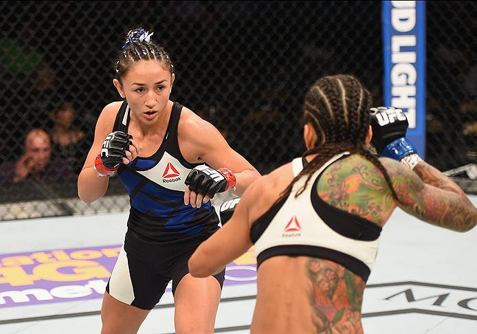 LAS VEGAS, NV - APRIL 23: (L-R) Carla Esparza squares off against Juliana Lima in their women's strawweight bout during the UFC 197 event inside MGM Grand Garden Arena on April 23, 2016 in Las Vegas, Nevada. (Photo by Josh Hedges/Zuffa LLC/Zuffa LLC via