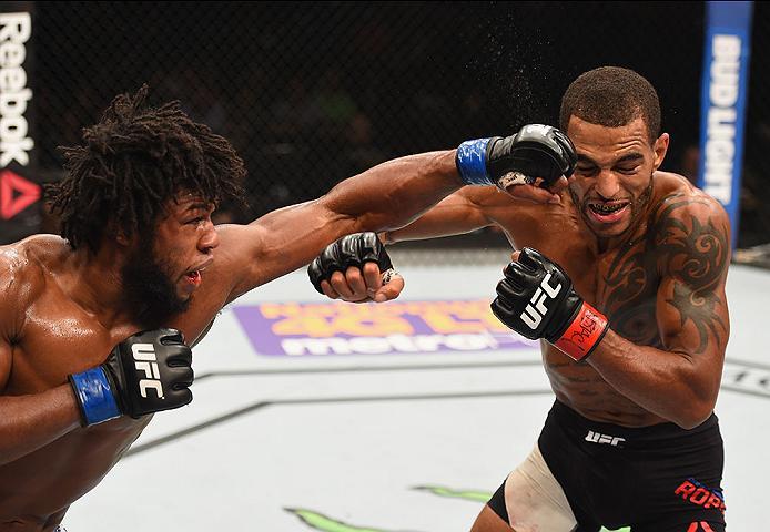 LAS VEGAS, NV - APRIL 23: (L-R) Dominique Steele punches Danny Roberts of England in their welterweight bout during the UFC 197 event inside MGM Grand Garden Arena on April 23, 2016 in Las Vegas, Nevada. (Photo by Josh Hedges/Zuffa LLC/Zuffa LLC via Get