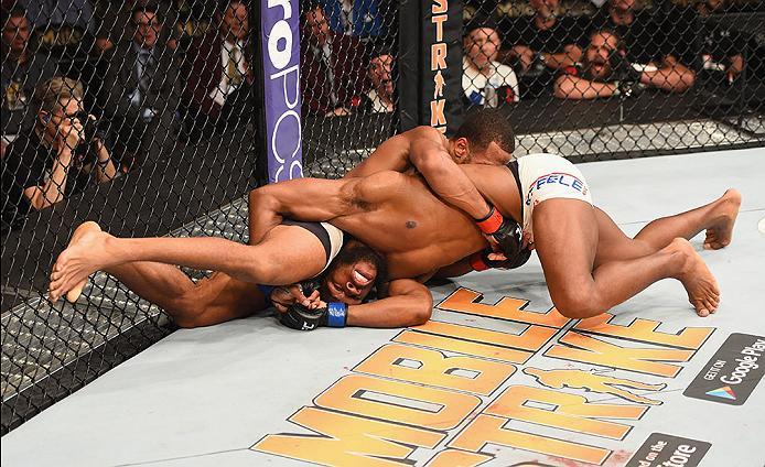 LAS VEGAS, NV - APRIL 23: Dominique Steele (bottom) grapples with Danny Roberts of England in their welterweight bout during the UFC 197 event inside MGM Grand Garden Arena on April 23, 2016 in Las Vegas, Nevada. (Photo by Josh Hedges/Zuffa LLC/Zuffa LL