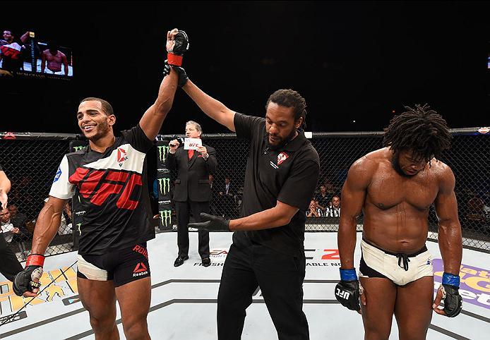 LAS VEGAS, NV - APRIL 23: (L-R) Danny Roberts celebrates his victory over Dominique Steele in their welterweight bout during the UFC 197 event inside MGM Grand Garden Arena on April 23, 2016 in Las Vegas, Nevada. (Photo by Josh Hedges/Zuffa LLC/Zuffa LL