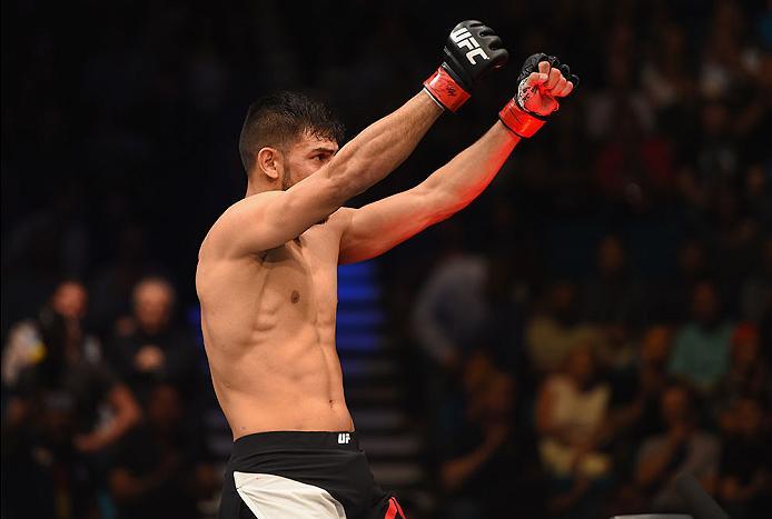LAS VEGAS, NV - APRIL 23: Yair Rodriguez of Mexico celebrates his knockout victory over Andre Fili in their featherweight bout during the UFC 197 event inside MGM Grand Garden Arena on April 23, 2016 in Las Vegas, Nevada. (Photo by Josh Hedges/Zuffa LLC