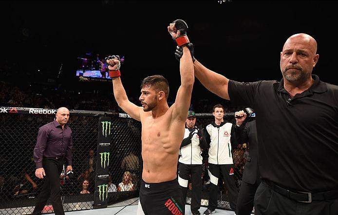 LAS VEGAS, NV - APRIL 23: Yair Rodriguez of Mexico celebrates his knockout victory over Andre Fili after their featherweight bout during the UFC 197 event inside MGM Grand Garden Arena on April 23, 2016 in Las Vegas, Nevada. (Photo by Josh Hedges/Zuffa