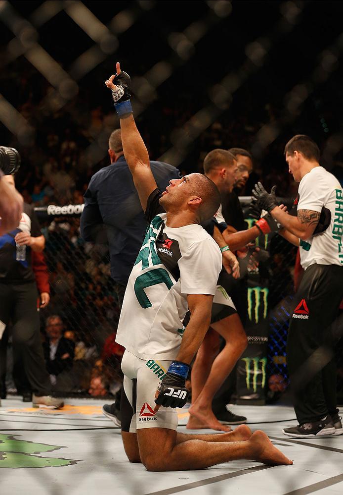 LAS VEGAS, NV - APRIL 23: Edson Barboza celebrates his victory over Anthony Pettis in their lightweight bout during the UFC 197 event inside MGM Grand Garden Arena on April 23, 2016 in Las Vegas, Nevada. (Photo by Christian Petersen/Zuffa LLC/Zuffa LLC