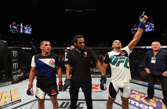 LAS VEGAS, NV - APRIL 23: Anthony Pettis and Edson Barboza wait for the judges decision after their lightweight bout during the UFC 197 event inside MGM Grand Garden Arena on April 23, 2016 in Las Vegas, Nevada. (Photo by Josh Hedges/Zuffa LLC/Zuffa LLC