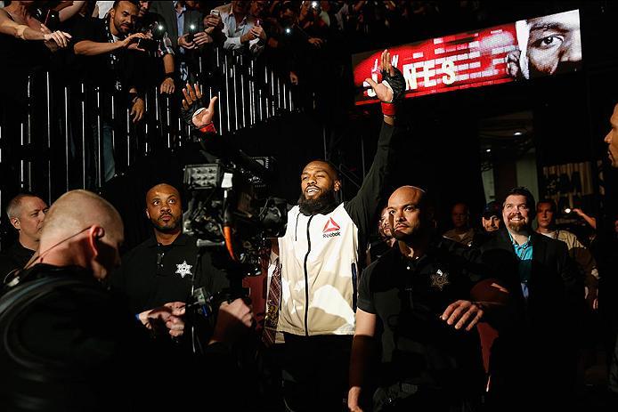 LAS VEGAS, NV - APRIL 23: Jon Jones prepares to enter the Octagon before facing Ovince Saint Preux in their interim UFC light heavyweight championship bout during the UFC 197 event inside MGM Grand Garden Arena on April 23, 2016 in Las Vegas, Nevada. (P