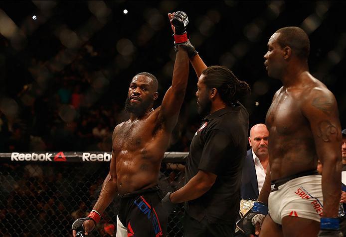 LAS VEGAS, NV - APRIL 23: Jon Jones celebrates his victory over Ovince Saint Preux after their interim UFC light heavyweight championship bout during the UFC 197 event inside MGM Grand Garden Arena on April 23, 2016 in Las Vegas, Nevada. (Photo by Chris