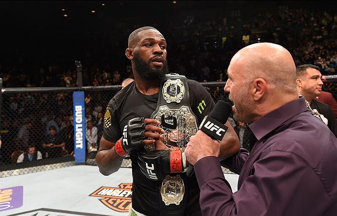 LAS VEGAS, NV - APRIL 23: Joe Rogan interviews Jon Jones after his victory over Ovince Saint Pruex in their interim UFC light heavyweight championship bout during the UFC 197 event inside MGM Grand Garden Arena on April 23, 2016 in Las Vegas, Nevada. (P