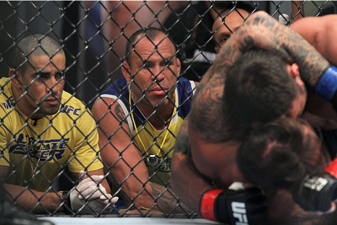 SAO PAULO, BRAZIL - JANUARY 24: (R-L) Coach Wanderlei Silva and muay thai coach Daniel Acacio watch Team Wanderlei fighter Ricardo Abreu face Team Sonnen fighter Guilherme de Vasconcelos in their middleweight fight during season three of The Ultimate Fig
