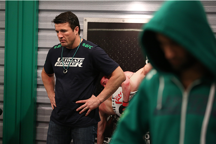 SAO PAULO, BRAZIL - JANUARY 24: Coach Chael Sonnen helps prepare Team Sonnen fighter Guilherme de Vasconcelos before his fight against Team Wanderlei fighter Ricardo Abreu in their middleweight fight during season three of The Ultimate Fighter Brazil on