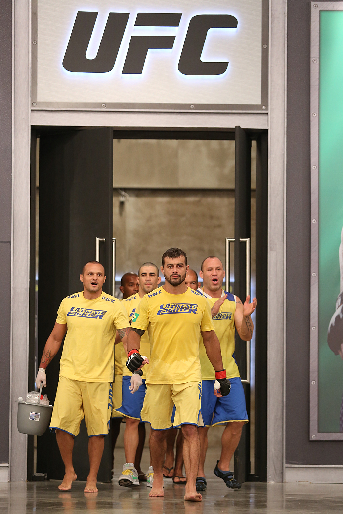 SAO PAULO, BRAZIL - JANUARY 24: Team Wanderlei fighter Ricardo Abreu enters the gym before facing Team Sonnen fighter Guilherme de Vasconcelos in their middleweight fight during season three of The Ultimate Fighter Brazil on January 24, 2014 in Sao Paulo